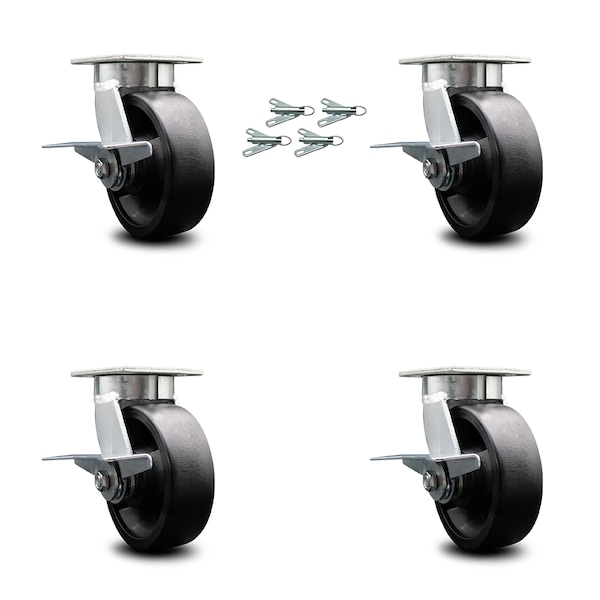 6 Inch Kingpinless Glass Filled Nylon Caster Set with Brakes and Swivel Locks